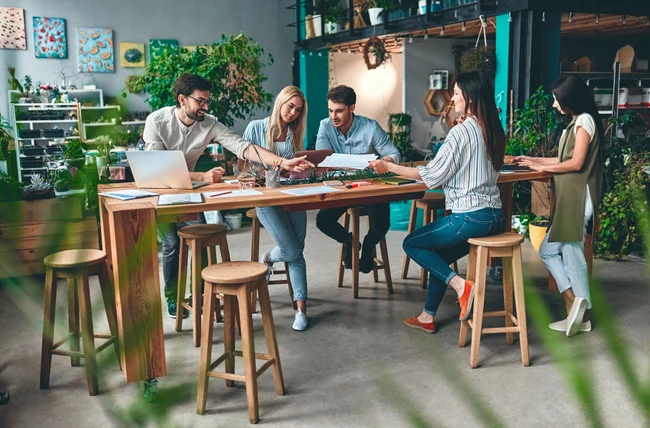 Fünf Personen arbeiten gemeinsam an einem Tisch in einem Büro mit vielen Pflanzen.