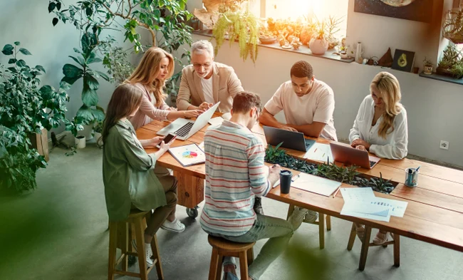 Sechs Personen arbeiten zusammen an einem Tisch mit Pflanzen im Büro.